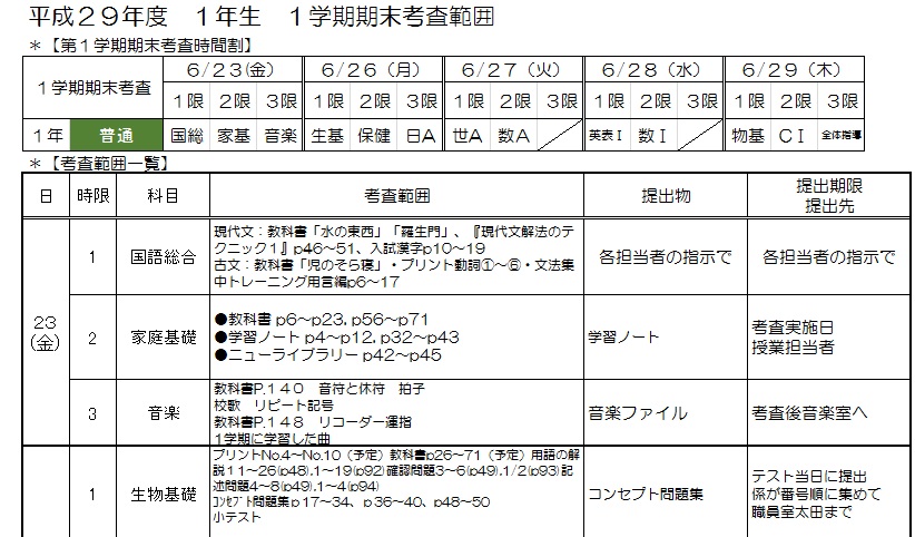 一宮北高webページをご覧ください 引き続き1学期期末考査範囲をご覧ください